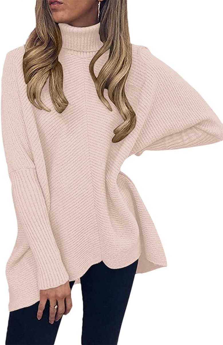 imageANRABESS Womens Oversized Turtleneck Batwing Long Sleeve Casual Cozy Baggy Knit Pullover Tunic Sweater 2024 Fall OutfitsPink