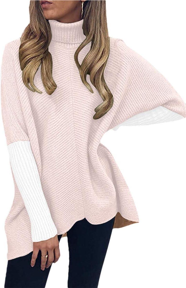 imageANRABESS Womens Oversized Turtleneck Batwing Long Sleeve Casual Cozy Baggy Knit Pullover Tunic Sweater 2024 Fall OutfitsPink White