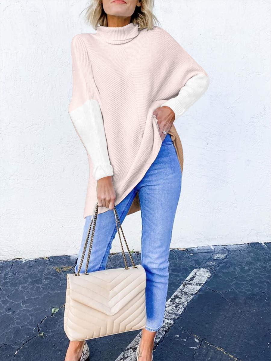 imageANRABESS Womens Oversized Turtleneck Batwing Long Sleeve Casual Cozy Baggy Knit Pullover Tunic Sweater 2024 Fall OutfitsPink White