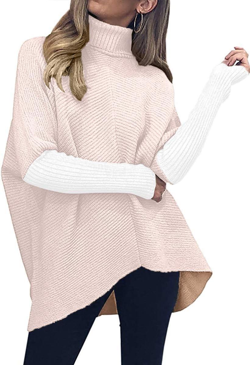 imageANRABESS Womens Oversized Turtleneck Batwing Long Sleeve Casual Cozy Baggy Knit Pullover Tunic Sweater 2024 Fall OutfitsPink White