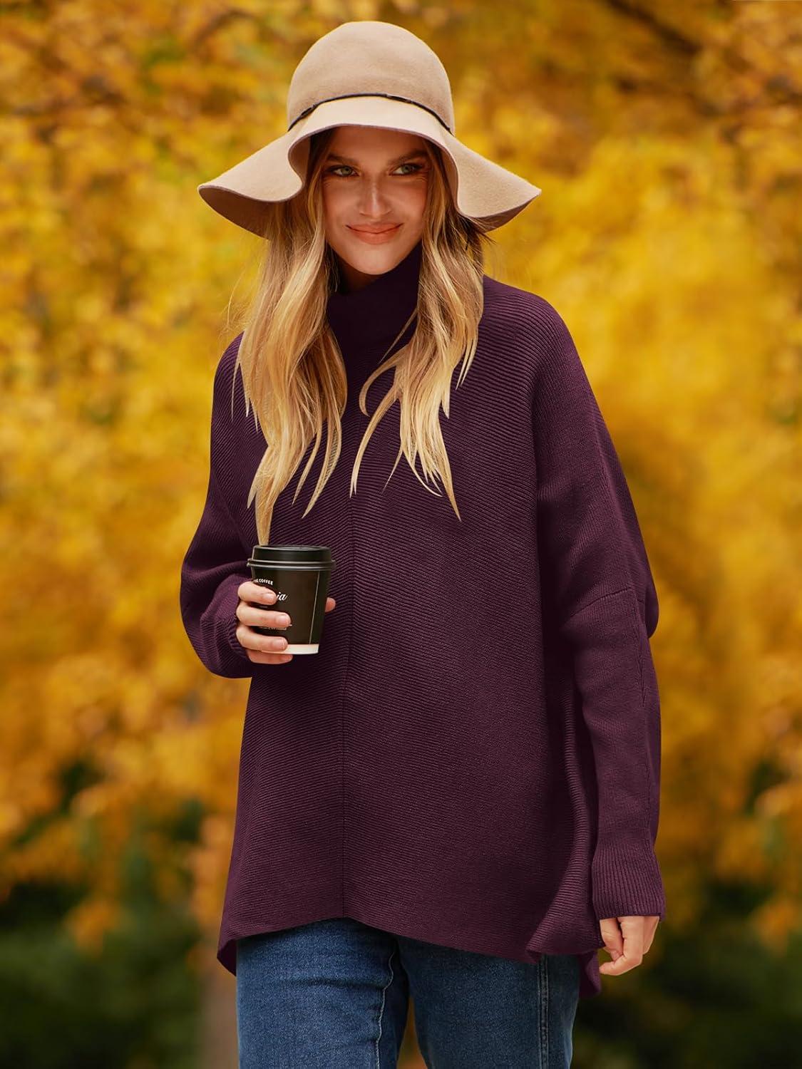 imageANRABESS Womens Oversized Turtleneck Batwing Long Sleeve Casual Cozy Baggy Knit Pullover Tunic Sweater 2024 Fall OutfitsPurple