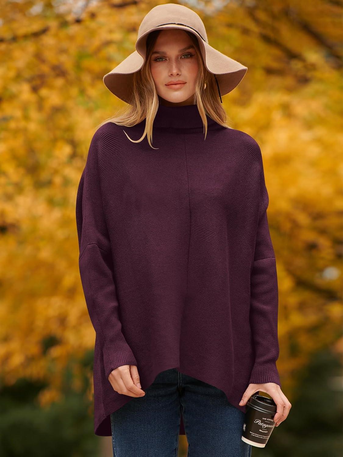 imageANRABESS Womens Oversized Turtleneck Batwing Long Sleeve Casual Cozy Baggy Knit Pullover Tunic Sweater 2024 Fall OutfitsPurple