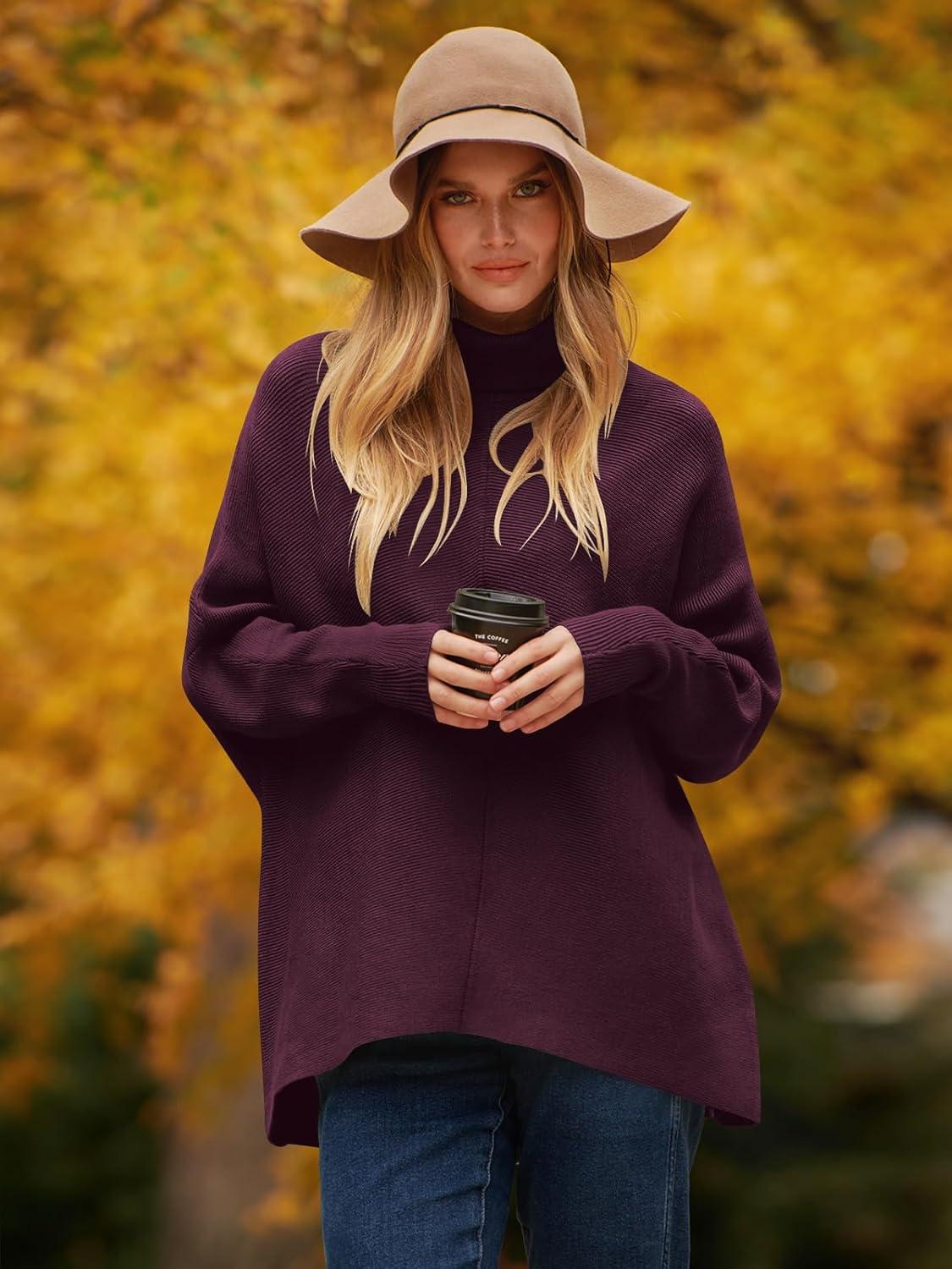 imageANRABESS Womens Oversized Turtleneck Batwing Long Sleeve Casual Cozy Baggy Knit Pullover Tunic Sweater 2024 Fall OutfitsPurple