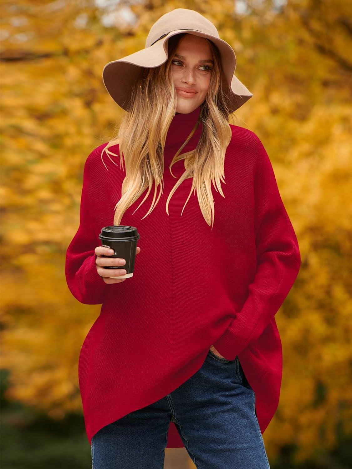 imageANRABESS Womens Oversized Turtleneck Batwing Long Sleeve Casual Cozy Baggy Knit Pullover Tunic Sweater 2024 Fall OutfitsRed
