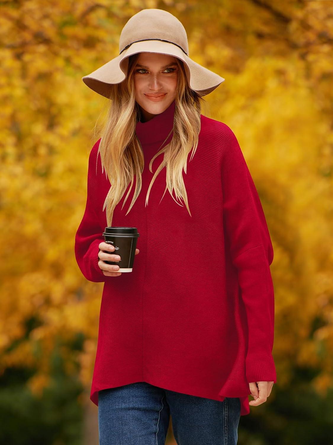 imageANRABESS Womens Oversized Turtleneck Batwing Long Sleeve Casual Cozy Baggy Knit Pullover Tunic Sweater 2024 Fall OutfitsRed