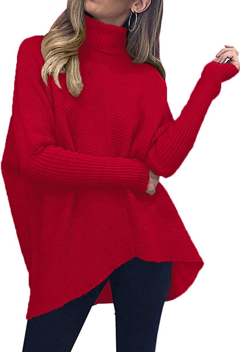 imageANRABESS Womens Oversized Turtleneck Batwing Long Sleeve Casual Cozy Baggy Knit Pullover Tunic Sweater 2024 Fall OutfitsRed