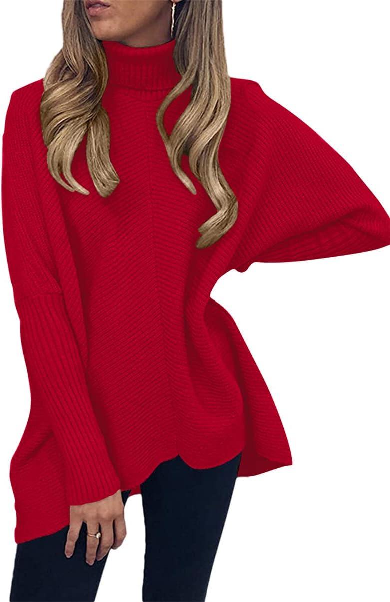 imageANRABESS Womens Oversized Turtleneck Batwing Long Sleeve Casual Cozy Baggy Knit Pullover Tunic Sweater 2024 Fall OutfitsRed