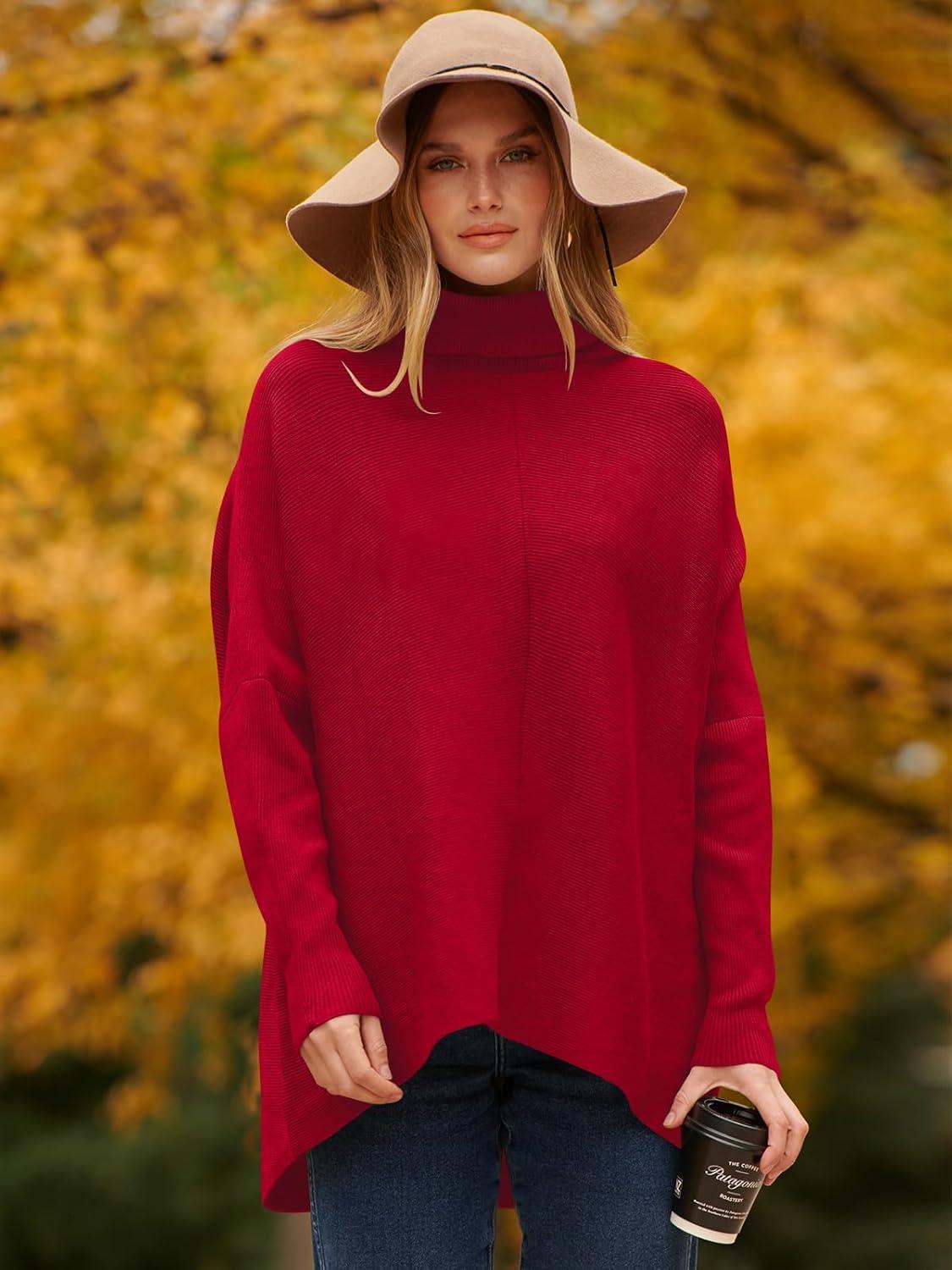 imageANRABESS Womens Oversized Turtleneck Batwing Long Sleeve Casual Cozy Baggy Knit Pullover Tunic Sweater 2024 Fall OutfitsRed