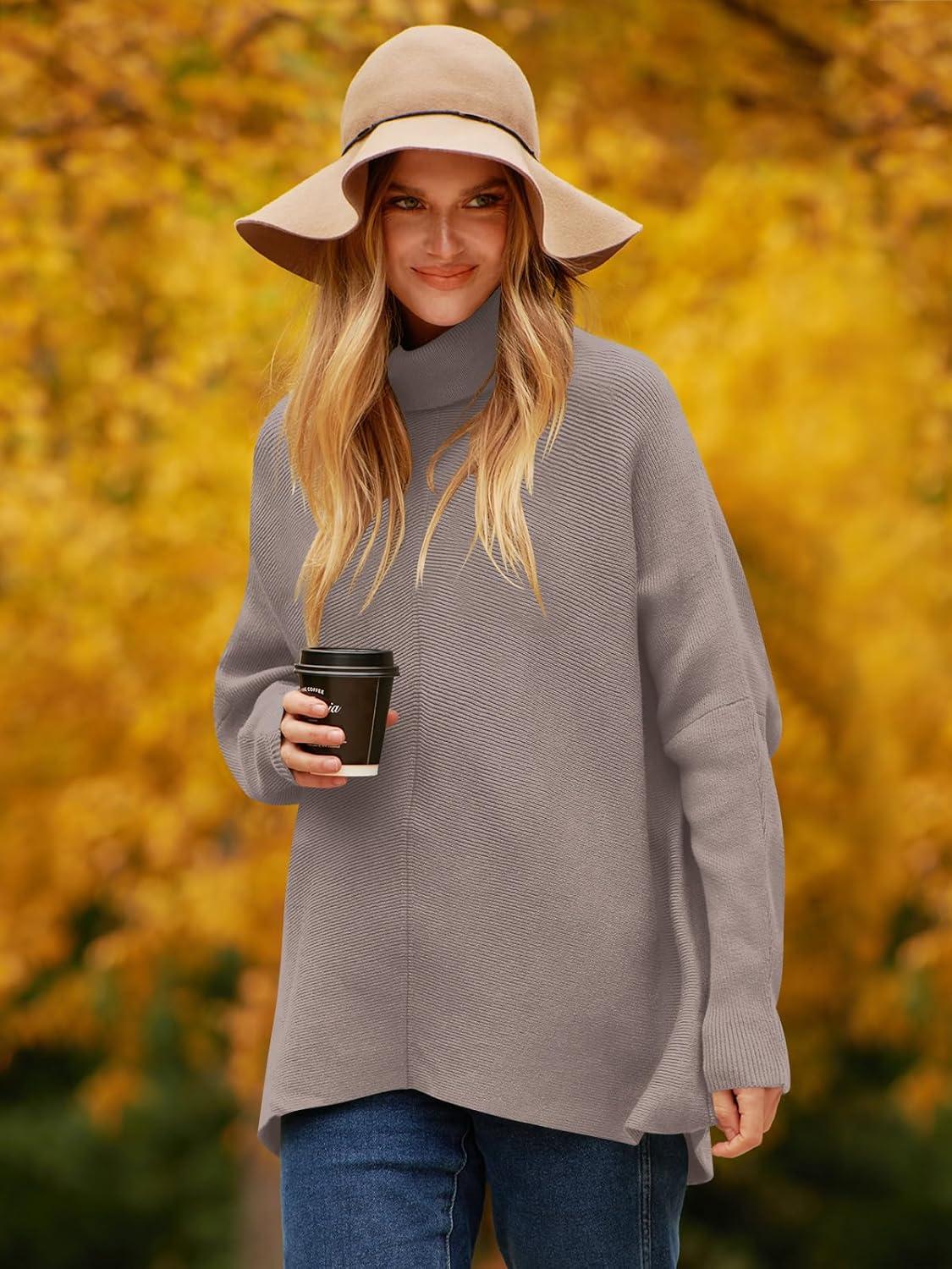 imageANRABESS Womens Oversized Turtleneck Batwing Long Sleeve Casual Cozy Baggy Knit Pullover Tunic Sweater 2024 Fall OutfitsRed Apricot