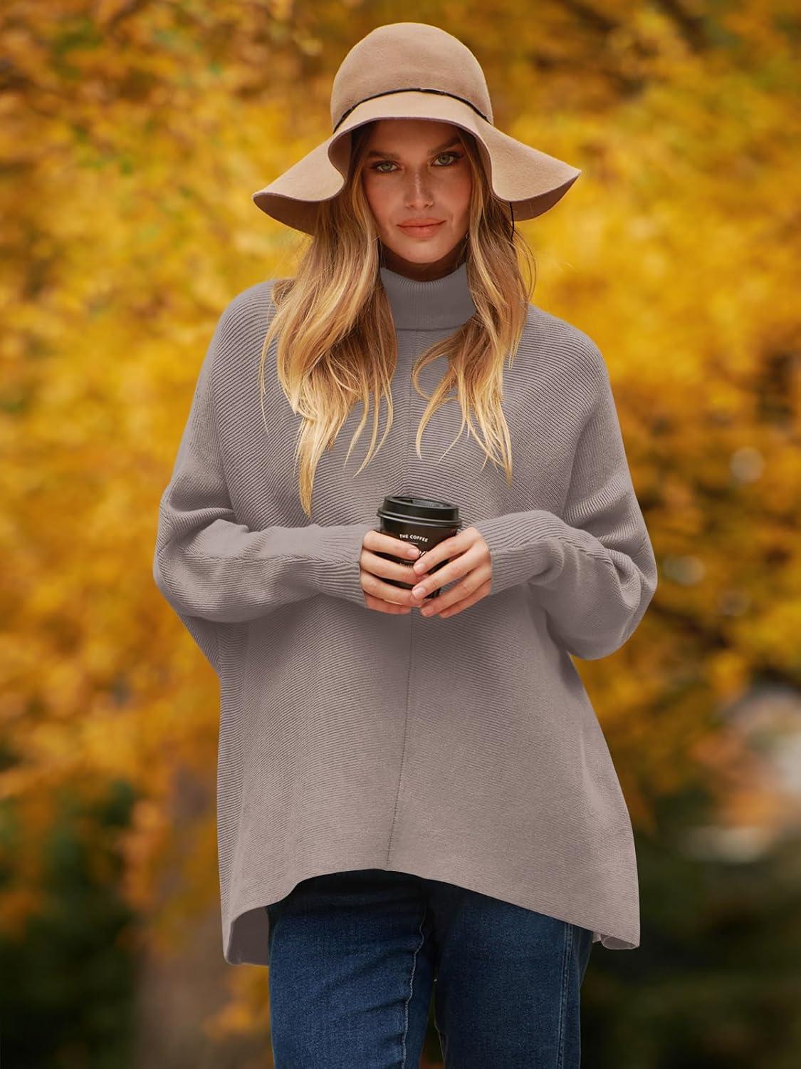 imageANRABESS Womens Oversized Turtleneck Batwing Long Sleeve Casual Cozy Baggy Knit Pullover Tunic Sweater 2024 Fall OutfitsRed Apricot