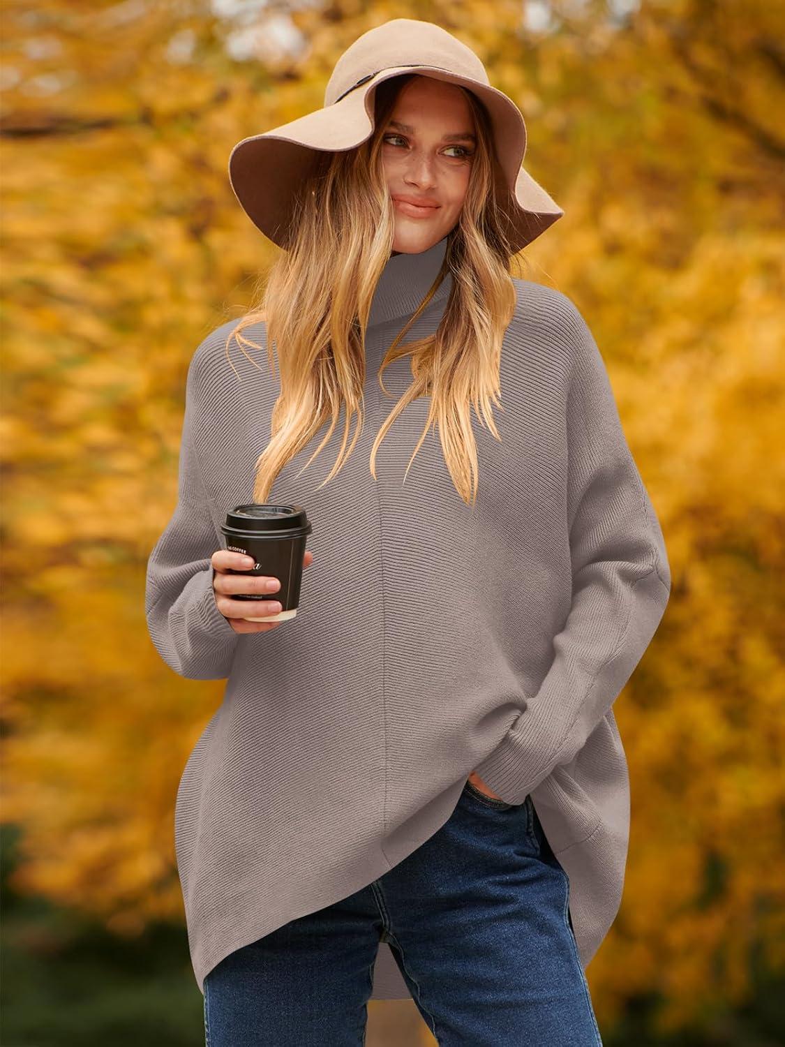 imageANRABESS Womens Oversized Turtleneck Batwing Long Sleeve Casual Cozy Baggy Knit Pullover Tunic Sweater 2024 Fall OutfitsRed Apricot