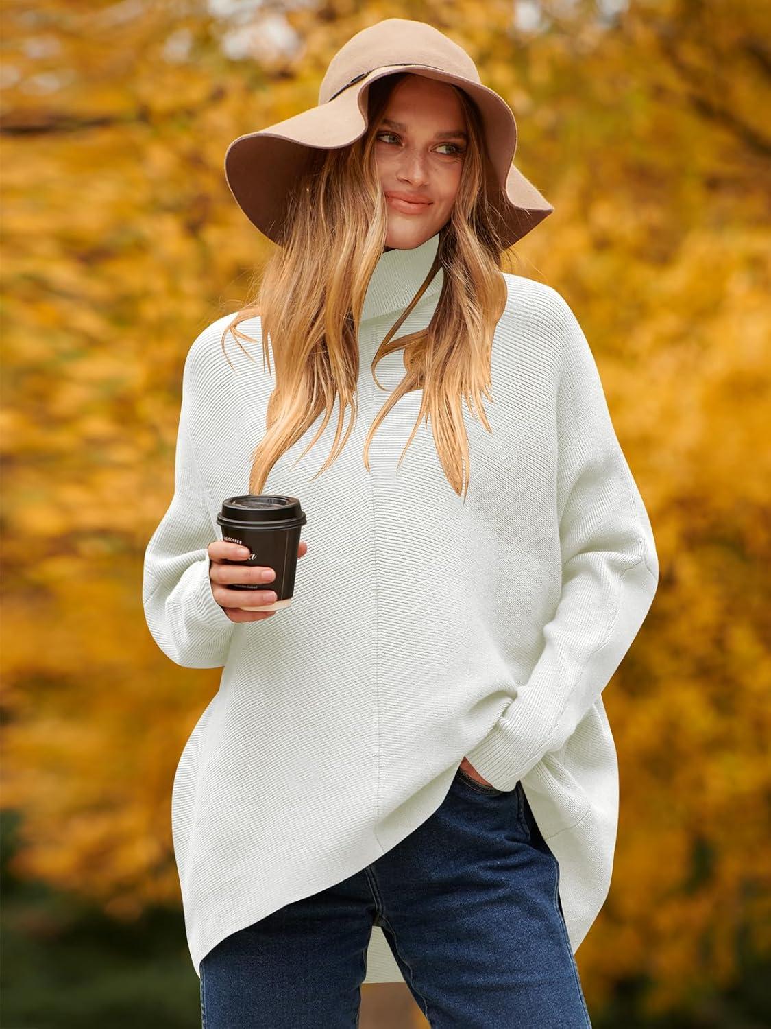 imageANRABESS Womens Oversized Turtleneck Batwing Long Sleeve Casual Cozy Baggy Knit Pullover Tunic Sweater 2024 Fall OutfitsWhite