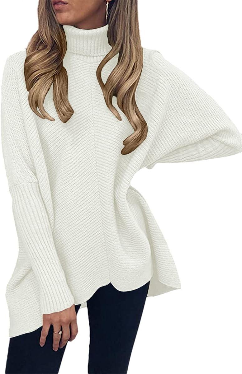imageANRABESS Womens Oversized Turtleneck Batwing Long Sleeve Casual Cozy Baggy Knit Pullover Tunic Sweater 2024 Fall OutfitsWhite