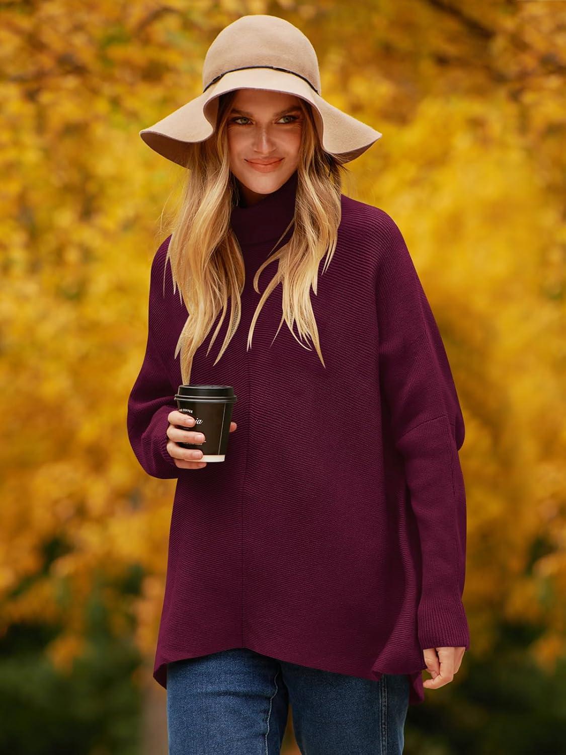 imageANRABESS Womens Oversized Turtleneck Batwing Long Sleeve Casual Cozy Baggy Knit Pullover Tunic Sweater 2024 Fall OutfitsWine Red