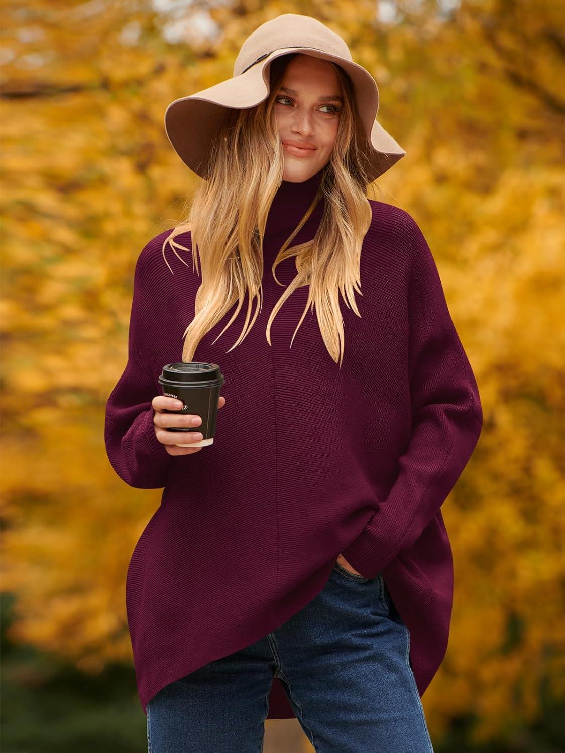 imageANRABESS Womens Oversized Turtleneck Batwing Long Sleeve Casual Cozy Baggy Knit Pullover Tunic Sweater 2024 Fall OutfitsWine Red