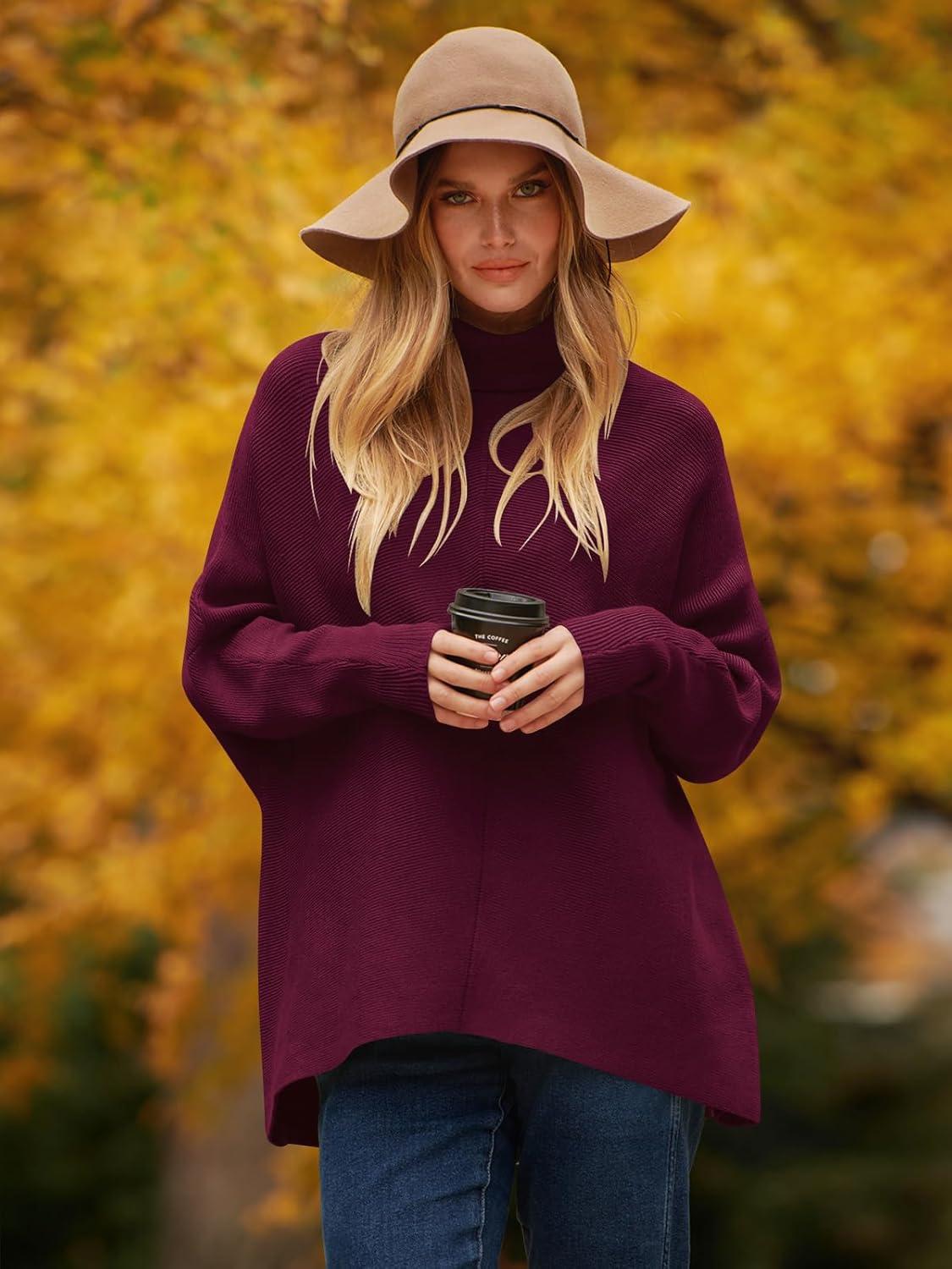 imageANRABESS Womens Oversized Turtleneck Batwing Long Sleeve Casual Cozy Baggy Knit Pullover Tunic Sweater 2024 Fall OutfitsWine Red