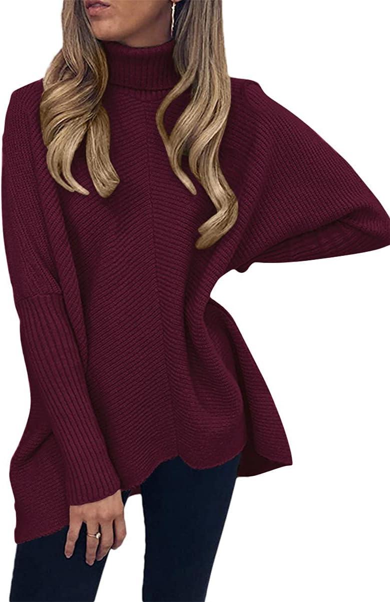 imageANRABESS Womens Oversized Turtleneck Batwing Long Sleeve Casual Cozy Baggy Knit Pullover Tunic Sweater 2024 Fall OutfitsWine Red