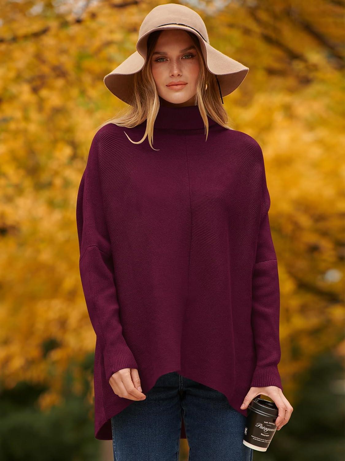 imageANRABESS Womens Oversized Turtleneck Batwing Long Sleeve Casual Cozy Baggy Knit Pullover Tunic Sweater 2024 Fall OutfitsWine Red