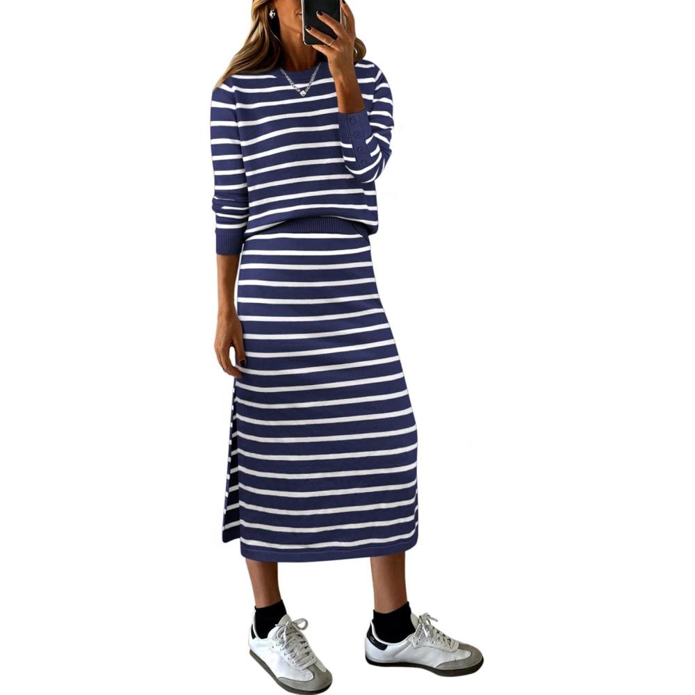 imageANRABESS Women 2 Piece Outfits Striped Sweater Skirt Sets 2025 Fall Casual Long Sleeve Pullover Top Lounge Travel Midi DressBlue White