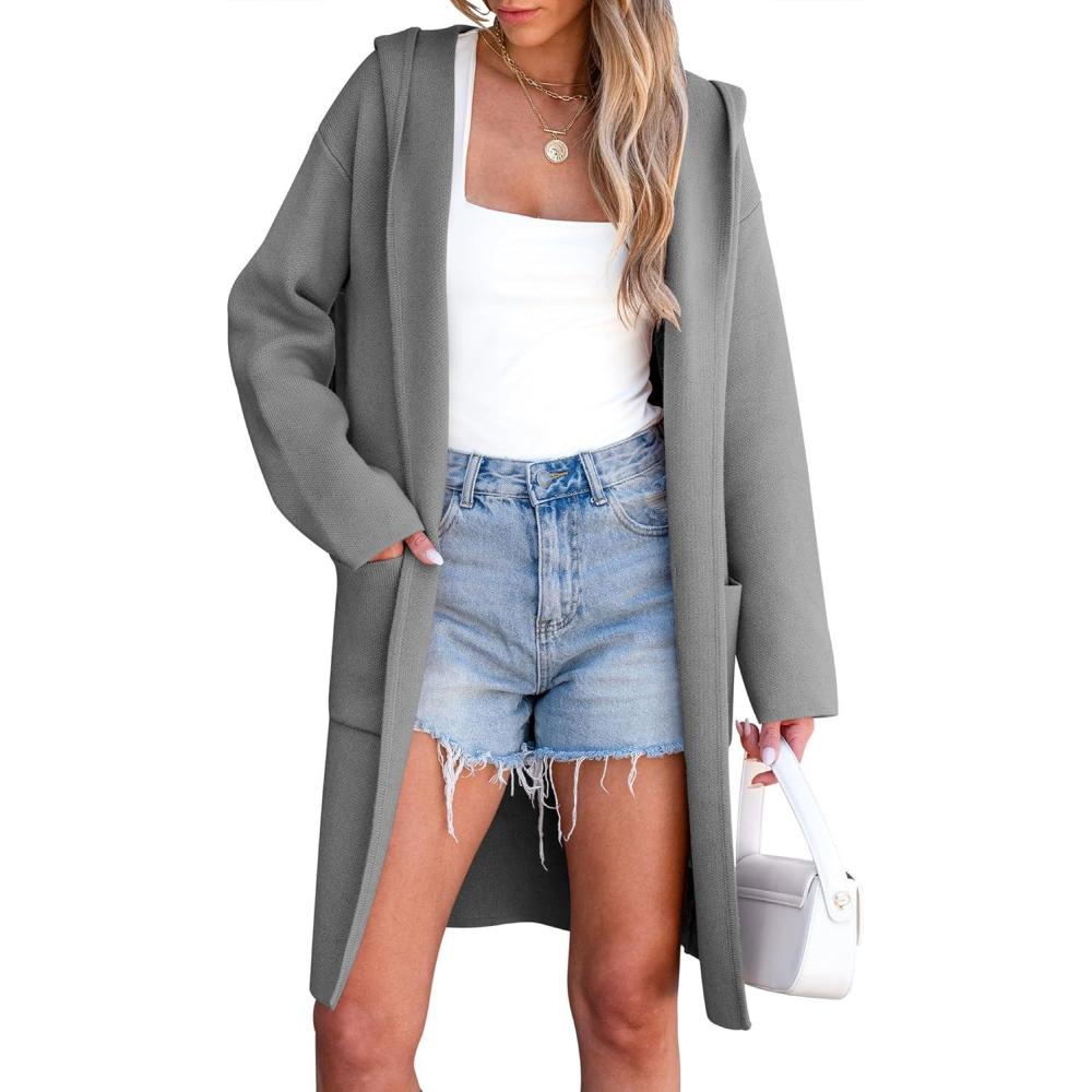 imageANRABESS Women Cardigan Open Front Oversized Casual Knit Hoodie Sweater Coatigan Lady Coat 2025 Fall Trendy OuterwearGray