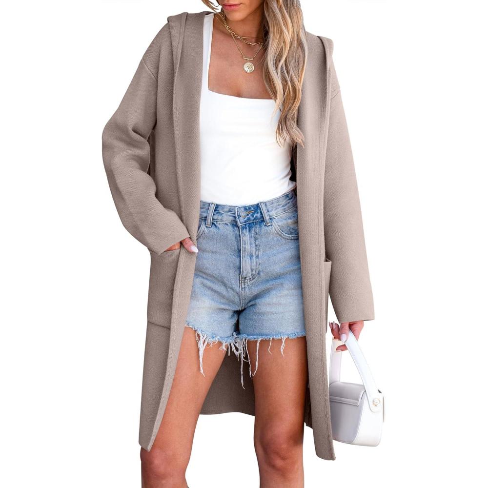 imageANRABESS Women Cardigan Open Front Oversized Casual Knit Hoodie Sweater Coatigan Lady Coat 2025 Fall Trendy OuterwearRed Khaki