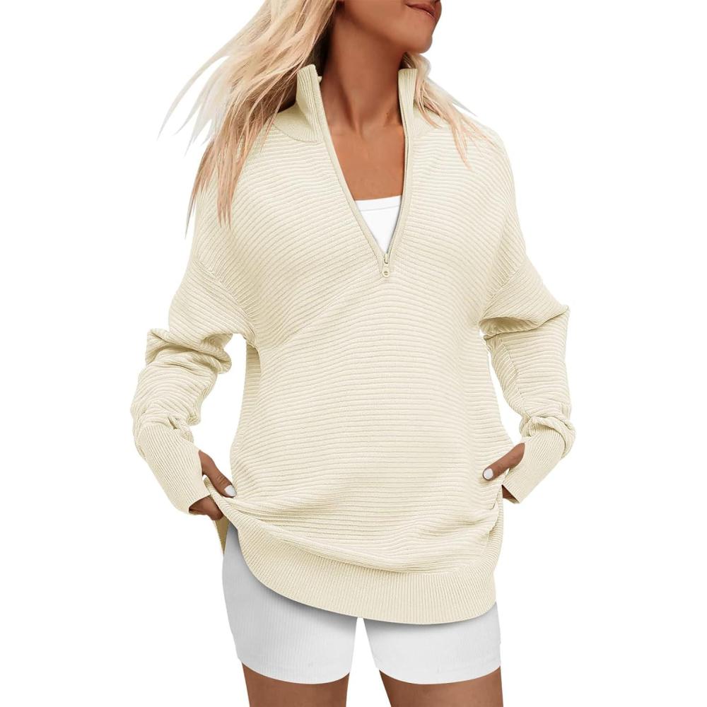 imageANRABESS Womens 2025 Fall Long Sleeve Half Zip Casual Oversized Ribbed Knit Pullover Sweater Top Thumb Hole Trendy OutfitsAlmond