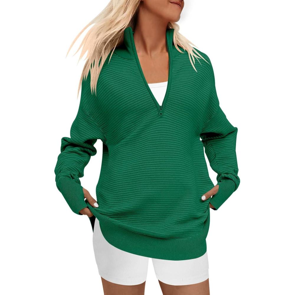 imageANRABESS Womens 2025 Fall Long Sleeve Half Zip Casual Oversized Ribbed Knit Pullover Sweater Top Thumb Hole Trendy OutfitsGreen