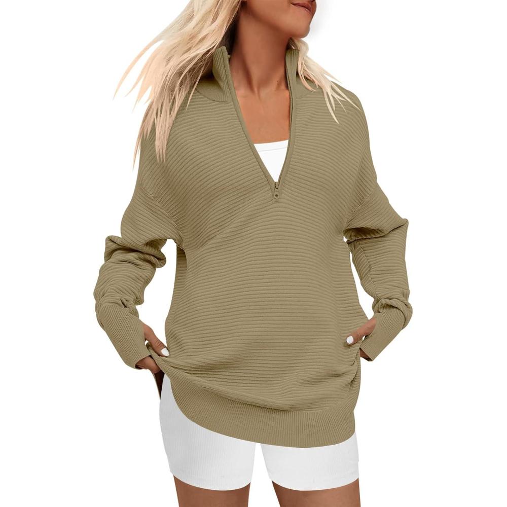 imageANRABESS Womens 2025 Fall Long Sleeve Half Zip Casual Oversized Ribbed Knit Pullover Sweater Top Thumb Hole Trendy OutfitsKhaki