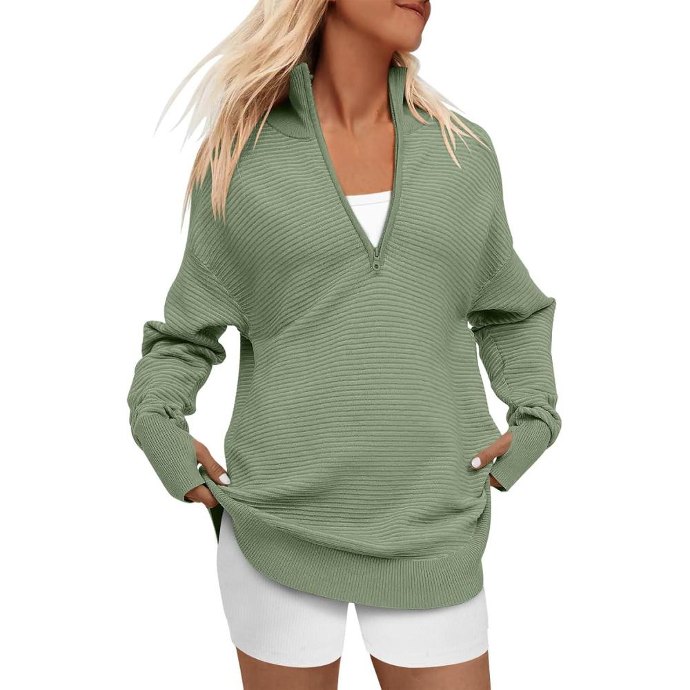 imageANRABESS Womens 2025 Fall Long Sleeve Half Zip Casual Oversized Ribbed Knit Pullover Sweater Top Thumb Hole Trendy OutfitsLight Green