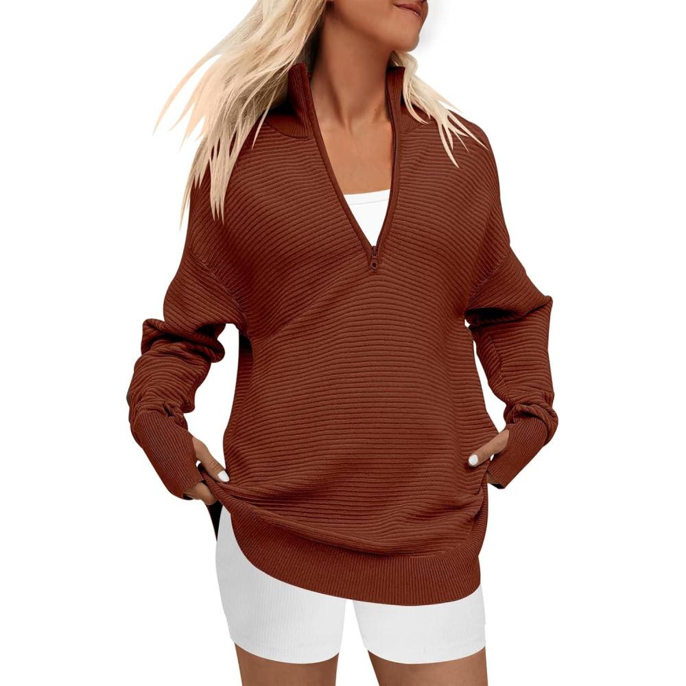 imageANRABESS Womens 2025 Fall Long Sleeve Half Zip Casual Oversized Ribbed Knit Pullover Sweater Top Thumb Hole Trendy OutfitsRust
