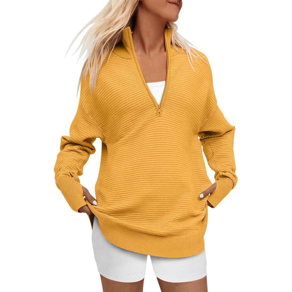 imageANRABESS Womens 2025 Fall Long Sleeve Half Zip Casual Oversized Ribbed Knit Pullover Sweater Top Thumb Hole Trendy OutfitsYellow