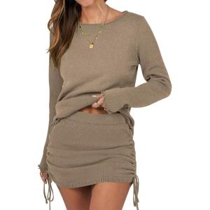 imageANRABESS Women 2 Piece Outfits Long Sleeve Sweater Top Mini Skirt Sets 2025 Fall Spring Lounge Travel Beach Clothing SetsCoffee