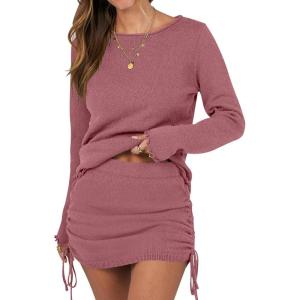 imageANRABESS Women 2 Piece Outfits Long Sleeve Sweater Top Mini Skirt Sets 2025 Fall Spring Lounge Travel Beach Clothing SetsDeep Pink