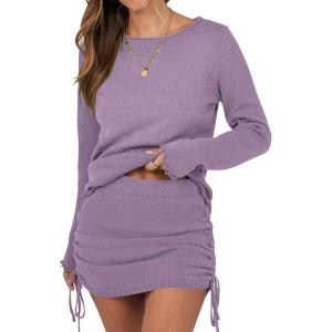 imageANRABESS Women 2 Piece Outfits Long Sleeve Sweater Top Mini Skirt Sets 2025 Fall Spring Lounge Travel Beach Clothing SetsPurple