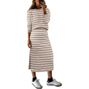 imageANRABESS Women 2 Piece Outfits Striped Sweater Skirt Sets 2025 Fall Casual Long Sleeve Pullover Top Lounge Travel Midi DressAlmond White