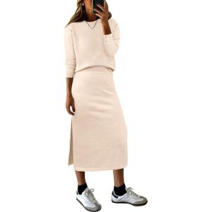 imageANRABESS Women 2 Piece Outfits Striped Sweater Skirt Sets 2025 Fall Casual Long Sleeve Pullover Top Lounge Travel Midi DressBeige