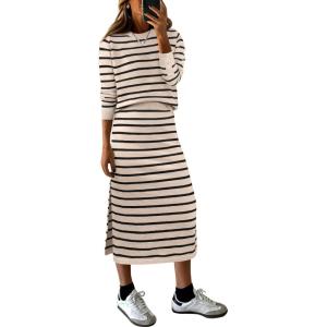 imageANRABESS Women 2 Piece Outfits Striped Sweater Skirt Sets 2025 Fall Casual Long Sleeve Pullover Top Lounge Travel Midi DressBeige Black
