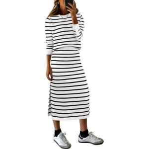 imageANRABESS Women 2 Piece Outfits Striped Sweater Skirt Sets 2025 Fall Casual Long Sleeve Pullover Top Lounge Travel Midi DressBlack White