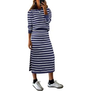 imageANRABESS Women 2 Piece Outfits Striped Sweater Skirt Sets 2025 Fall Casual Long Sleeve Pullover Top Lounge Travel Midi DressBlue White