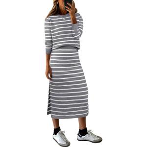 imageANRABESS Women 2 Piece Outfits Striped Sweater Skirt Sets 2025 Fall Casual Long Sleeve Pullover Top Lounge Travel Midi DressGrey White