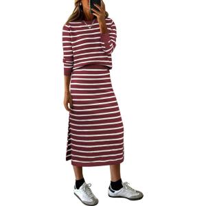 imageANRABESS Women 2 Piece Outfits Striped Sweater Skirt Sets 2025 Fall Casual Long Sleeve Pullover Top Lounge Travel Midi DressRed White