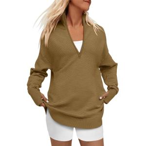 imageANRABESS Womens 2025 Fall Long Sleeve Half Zip Casual Oversized Ribbed Knit Pullover Sweater Top Thumb Hole Trendy OutfitsBrown