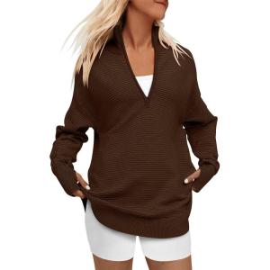 imageANRABESS Womens 2025 Fall Long Sleeve Half Zip Casual Oversized Ribbed Knit Pullover Sweater Top Thumb Hole Trendy OutfitsCoffee