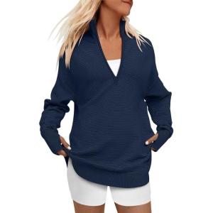 imageANRABESS Womens 2025 Fall Long Sleeve Half Zip Casual Oversized Ribbed Knit Pullover Sweater Top Thumb Hole Trendy OutfitsDark Blue