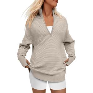 imageANRABESS Womens 2025 Fall Long Sleeve Half Zip Casual Oversized Ribbed Knit Pullover Sweater Top Thumb Hole Trendy OutfitsGray Apricot