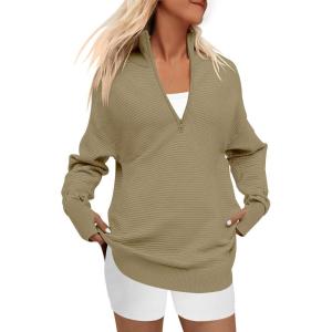 imageANRABESS Womens 2025 Fall Long Sleeve Half Zip Casual Oversized Ribbed Knit Pullover Sweater Top Thumb Hole Trendy OutfitsKhaki