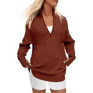 imageANRABESS Womens 2025 Fall Long Sleeve Half Zip Casual Oversized Ribbed Knit Pullover Sweater Top Thumb Hole Trendy OutfitsRust