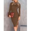 imageANRABESS Women Long Sleeve Turtleneck Slim Fit Ribbed Knit Slit Cocktail Party Sweater Midi Dress 2024 Trendy Fall OutfitsBrown