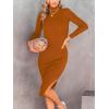 imageANRABESS Women Long Sleeve Turtleneck Slim Fit Ribbed Knit Slit Cocktail Party Sweater Midi Dress 2024 Trendy Fall OutfitsRust