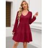 imageANRABESS Womens Casual Long Sleeve V Neck Tiered Swing Flowy Loose Aline Cute Mini Short Spring Fall DressBurgundy
